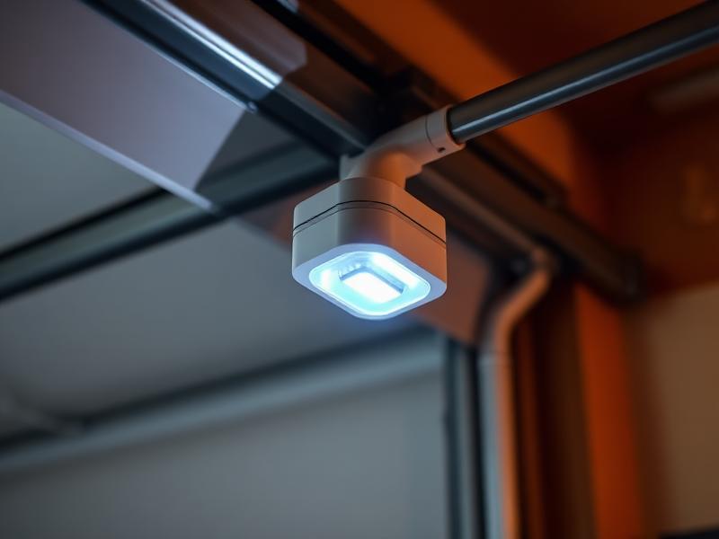 Family standing safely near garage door with safety sensors visible