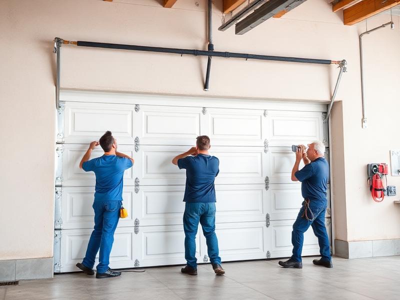 Professional technicians installing a new garage door panel