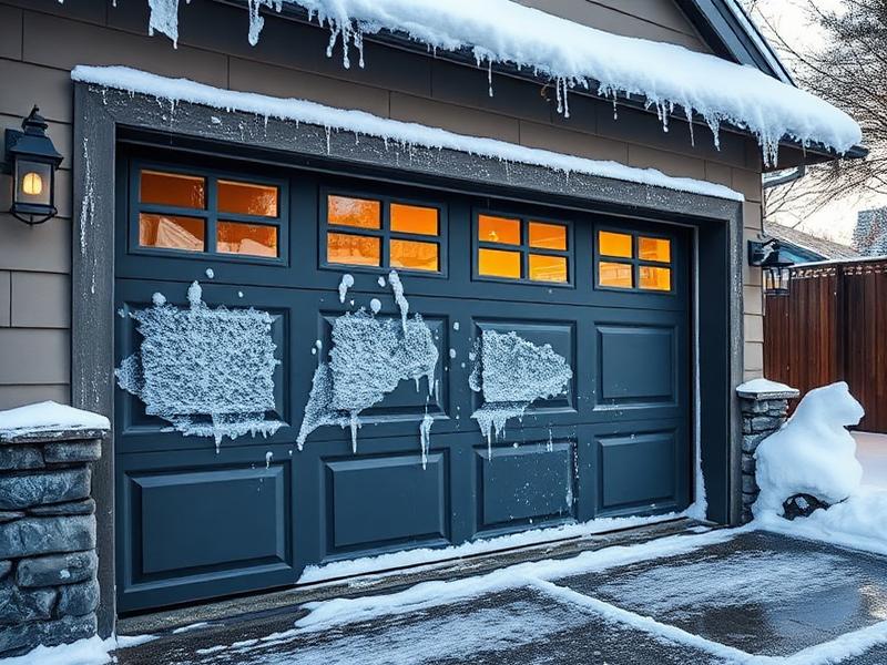 Garage door with frost and snow in winter Pacific Northwest setting