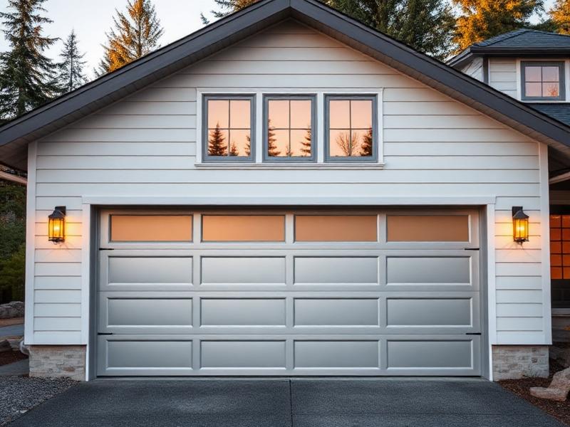 Steel insulated garage door with windows on modern farmhouse