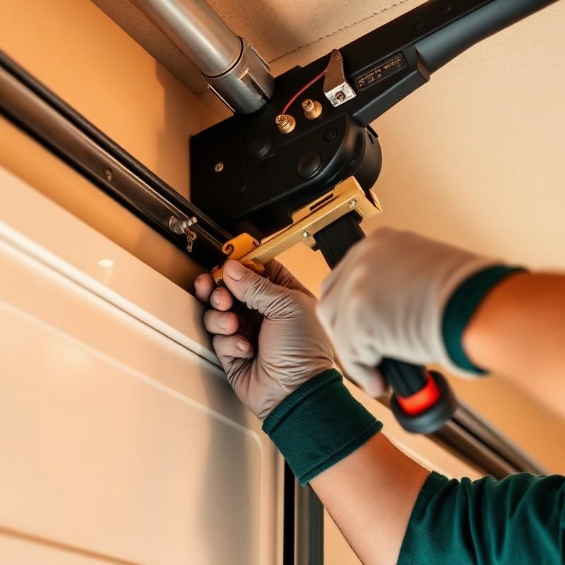 Technician repairing garage door spring mechanism